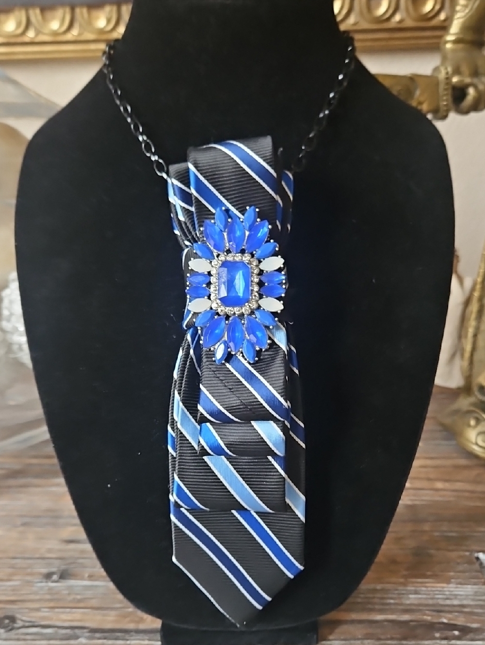Upcycled Chaps Black, Blue and White Necktie Necklace with an Ornate Centerpiece